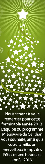 Nous tenons à vous remercier pour cette formidable année 2012. L'équipe du programme MieuxVivre de Ceridian vous souhaite, ainsi qu'à votre famille, un merveilleux temps des Fêtes et une heureuse année 2013.
